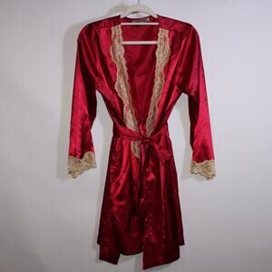 Morgan Taylor Red Front Tie Robe With Beige Lace Trim Size S/M